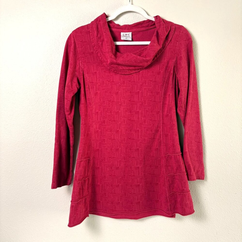CMC Color Me Cotton Cowl Neck Tunic Top Size S Pink Red Geometric Long Sleeve
